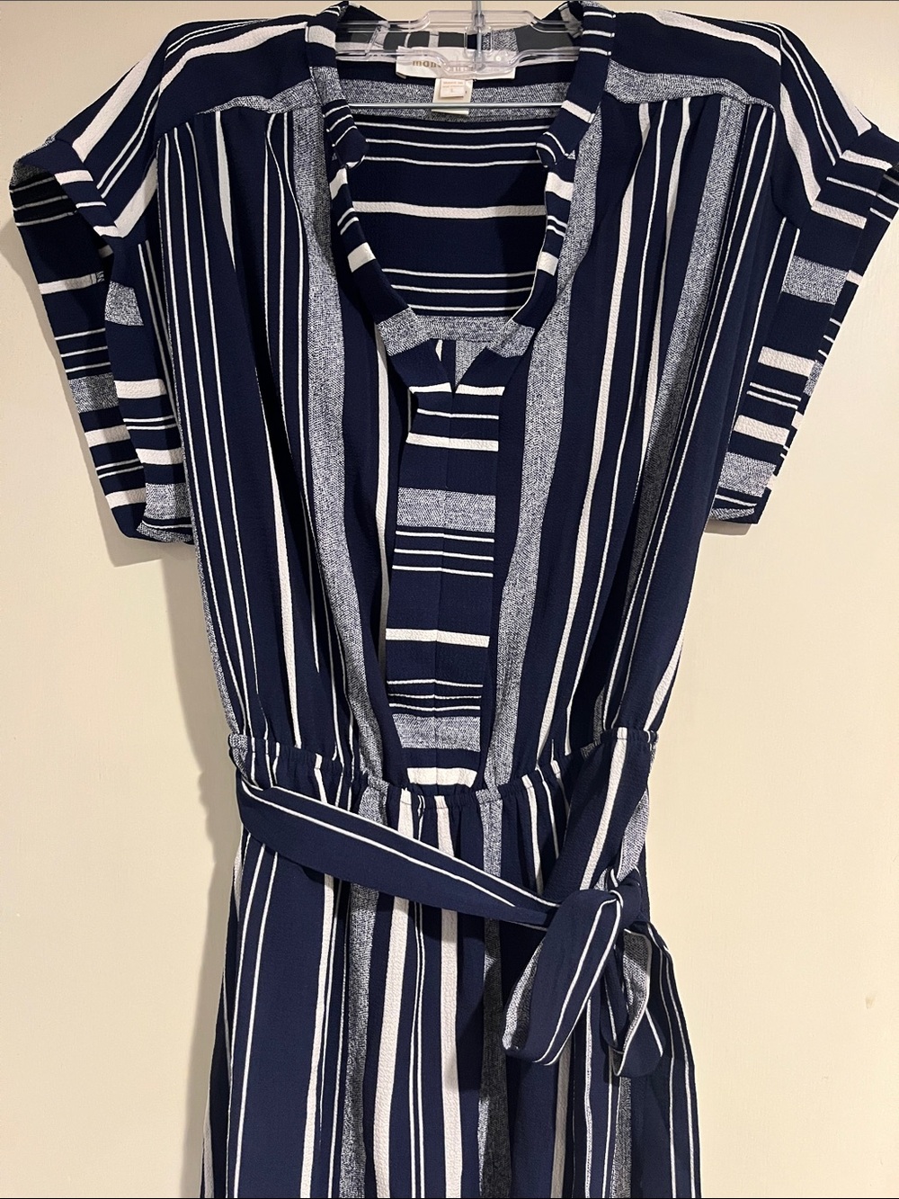 Striped Navy and White Midi Dress with Tie Waist